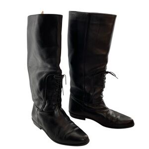 vtg SAVIDA sz 7 Leather Knee High Boots Tie Front Flat Heel Slip On Black
